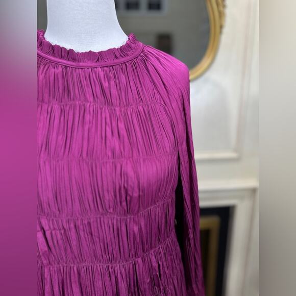 Anthropologie Maeve Tasha Smocked Magenta Mini Dress Small Long Sleeve NWT - Picture 2 of 11